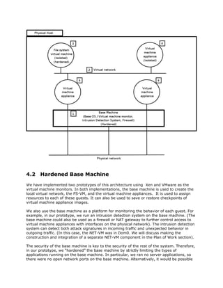4.2 Hardened Base Machine
We have implemented two prototypes of this architecture using Xen and VMware as the
virtual machine monitors. In both implementations, the base machine is used to create the
local virtual network, the FS-VM, and the virtual machine appliances. It is used to assign
resources to each of these guests. It can also be used to save or restore checkpoints of
virtual machine appliance images.

We also use the base machine as a platform for monitoring the behavior of each guest. For
example, in our prototype, we run an intrusion detection system on the base machine. (The
base machine could also be used as a firewall or NAT gateway to further control access to
virtual machine appliances with interfaces on the physical network). The intrusion detection
system can detect both attack signatures in incoming traffic and unexpected behavior in
outgoing traffic. (In this case, the NET-VM was in Dom0. We will discuss making the
construction and integration of a separate NET-VM component in the Plan of Work section).

The security of the base machine is key to the security of the rest of the system. Therefore,
in our prototype, we “hardened” the base machine by strictly limiting the types of
applications running on the base machine. In particular, we ran no server applications, so
there were no open network ports on the base machine. Alternatively, it would be possible
 