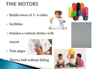  Builds tower of 3- 4 cubes
 Scribbles
 Imitates a vertical strokes with
crayon
 Turn pages
 Throws ball without falling
 