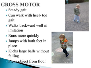  Steady gait
 Can walk with heel- toe
gait
 Walks backward well in
imitation
 Runs more quickly
 Jumps with both feet in
place
 Kicks large balls without
falling
 Picks object from floor
 