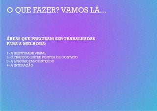 O QUE FAZER? VAMOS LÁ...


ÁREAS QUE PRECISAM SER TRABALHADAS
PARA A MELHORA:

1- A IDENTIDADE VISUAL
2- O TRÁFEGO ENTRE PONTOS DE CONTATO
3- A LINGUAGEM/CONTEÚDO
4- A INTERAÇÃO
 