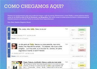 COMO CHEGAMOS AQUI?
 Fizemos um monitoramento teste para podermos basear a ação de startup. Monitoramos o nome Toddy, e outras palavras relacio-
 nadas do dia 20/02 ao dia 27/02 no Facebook e na Blogosféra. Não tendo acesso as redes socias da marca o monitoramento foi
 baseado somente em menções. Todas as menções foram separadaos por:

 Data, Hora, Positivo, Negativo, Neutro
 