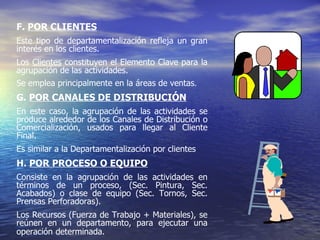 F.  POR CLIENTES Este tipo de departamentalización refleja un gran interés en los clientes. Los  Clientes  constituyen el Elemento Clave para la agrupación de las actividades.  Se emplea principalmente en la áreas de ventas . G.  POR CANALES DE DISTRIBUCIÓN En este caso, la agrupación de las actividades se produce alrededor de los Canales de Distribución o Comercialización, usados para llegar al Cliente Final. Es similar a la Departamentalización por clientes H.  POR PROCESO O EQUIPO Consiste en la agrupación de las actividades en términos de un proceso, (Sec. Pintura, Sec. Acabados) o clase de equipo (Sec. Tornos, Sec. Prensas Perforadoras). Los Recursos (Fuerza de Trabajo + Materiales), se reúnen en un departamento, para ejecutar una operación   determinada. 