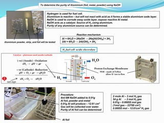 net eqn
H2 fuel cell- acidic electrolyte
(-ve) (Anode) - Oxidation
2H2 → 4H+ + 4e−
+ ve (Cathode)- Reduction
4H+ + O2 + 4e− → 4H2O
2H2 + O2 → 2H2O O2
H2
PEM – made of Teflon
allow H+ ion to flow
Proton Exchange Membrane
H2O
Catalyst – platinum used anode/cathode
To determine the purity of Aluminium (foil, metal, powder) using NaOH
Hydrogen is used for fuel cell.
Aluminium is reactive – but will not react with acid as it forms a stable aluminium oxde layer.
NaOH is used to corrode away oxide layer, expose reactive AI metal.
NaOH acts as a catalyst. Source of H2 using aluminium.
Purity of any aluminium source can be determined.
Aluminium powder, strip, and foil will be tested
Al + 6H2O + 2NaOH → 2Na[AI(OH)4] + 3H2
2AI + 6H2O → 2AI(OH)3 + 3H2
Reaction mechanism
Procedure:
4ml 6M NaOH added to 0.01g
AI foil, powder and metal
0.01g AI will produce – 12.61 cm3
Gas will be collected over water.
Purity of AI foil can be determined
AI foil
2 mole AI – 3 mol H2 gas
54 g AI – 3 mol H2 gas
0.01g – 0.00055 mol gas
(1mol gas – 22700 cm3)
0.00055 mol – 12.61cm3
H2 gas
 