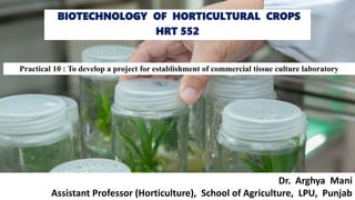 Practical 10 : To develop a project for establishment of commercial tissue culture laboratory
BIOTECHNOLOGY OF HORTICULTURAL CROPS
HRT 552
Dr. Arghya Mani
Assistant Professor (Horticulture), School of Agriculture, LPU, Punjab
 