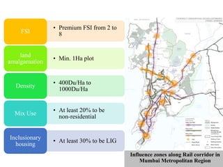 Influence zones along Rail corridor in
Mumbai Metropolitan Region
• Premium FSI from 2 to
8FSI
• Min. 1Ha plot
land
amalgamation
• 400Du/Ha to
1000Du/Ha
Density
• At least 20% to be
non-residential
Mix Use
• At least 30% to be LIG
Inclusionary
housing
 