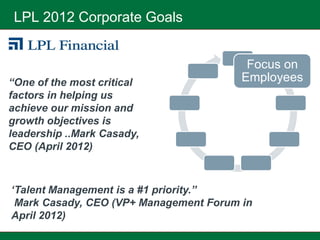 LPL 2012 Corporate Goals


                                         Focus on
“One of the most critical               Employees
factors in helping us
achieve our mission and
growth objectives is
leadership ..Mark Casady,
CEO (April 2012)



„Talent Management is a #1 priority.”
 Mark Casady, CEO (VP+ Management Forum in
April 2012)
 