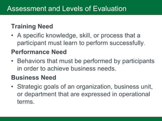 Assessment and Levels of Evaluation

 Training Need
 • A specific knowledge, skill, or process that a
   participant must learn to perform successfully.
 Performance Need
 • Behaviors that must be performed by participants
   in order to achieve business needs.
 Business Need
 • Strategic goals of an organization, business unit,
   or department that are expressed in operational
   terms.
 