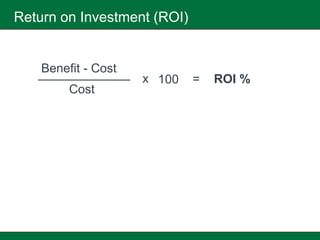 Return on Investment (ROI)


    Benefit - Cost
                     x 100   =   ROI %
         Cost
 