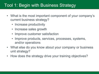 Tool 1: Begin with Business Strategy

 • What is the most important component of your company’s
   current business strategy?
    • Increase productivity
    • Increase sales growth
    • Improve customer satisfaction
    • Improve products, services, processes, systems,
      and/or operations
 • What else do you know about your company or business
   unit strategy?
 • How does the strategy drive your training objectives?
 