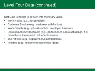 Level Four Data (continued)

Soft Data is harder to convert into monetary value.
• Work Habits (e.g., absenteeism)
• Customer Service (e.g., customer satisfaction)
• Work Climate (e.g., job satisfaction, employee turnover)
• Development/Advancement (e.g., performance appraisal ratings, # of
  promotions, increases in job effectiveness)
• Job Attitude (e.g., organizational commitment)
• Initiative (e.g., implementation of new ideas)
 