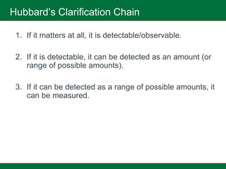 Hubbard’s Clarification Chain

 1. If it matters at all, it is detectable/observable.

 2. If it is detectable, it can be detected as an amount (or
    range of possible amounts).

 3. If it can be detected as a range of possible amounts, it
    can be measured.
 