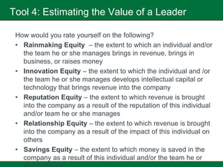 Tool 4: Estimating the Value of a Leader

 How would you rate yourself on the following?
 • Rainmaking Equity – the extent to which an individual and/or
   the team he or she manages brings in revenue, brings in
   business, or raises money
 • Innovation Equity – the extent to which the individual and /or
   the team he or she manages develops intellectual capital or
   technology that brings revenue into the company
 • Reputation Equity – the extent to which revenue is brought
   into the company as a result of the reputation of this individual
   and/or team he or she manages
 • Relationship Equity – the extent to which revenue is brought
   into the company as a result of the impact of this individual on
   others
 • Savings Equity – the extent to which money is saved in the
   company as a result of this individual and/or the team he or
 