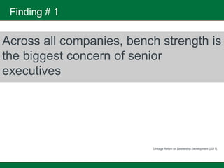 Finding # 1

Across all companies, bench strength is
the biggest concern of senior
executives




                          Linkage Return on Leadership Development (2011)
 