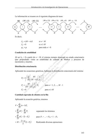 Introducción a la Investigación de Operaciones
143
La información se resume en el siguiente diagrama de tasas:
Es decir,
λλ )( nMn −= si n < M
0=nλ si n ≥ M
µµ =n para todo n > 0
Condición de estabilidad
Al ser λn = 0 a partir de n = M, el sistema siempre alcanzará un estado estacionario
(por propiedades vistas en estabilidad de cadenas de Markov y procesos de
nacimiento y muerte).
Distribución estacionaria
Aplicando las ecuaciones genéricas, hallamos la distribución estacionaria del sistema:
= −
=
M
n
n
nM
M
P
0
0
)!(
!
1
µ
λ
0
)!(
!
P
nM
M
P
n
n
−
=
µ
λ
para n = 1, 2, ..., M – 1
0=nP para n ≥ M
Cantidad esperada de clientes en la fila
Aplicando la ecuación genérica, tenemos
=
−=
M
n
nPn
1
)1(ν
==
−=
M
n
n
M
n
n PnP
11
separando los términos
( )0
1
1 PnP
M
n
n −−=
=
pues P1 + ... + PM = 1 – P0
( )01 PM −
+
−=
λ
µλ
Realizando diversas operaciones
0 1 2 n-1 n n+1
Μλ (Μ −1)λ (Μ −2)λ (Μ−n+1)λ (Μ − n)λ (Μ − n – 1)λ
µ µ µ µ µ µ
(Μ−n+2)λ
µ
. . . . . . M
λ
µ
 