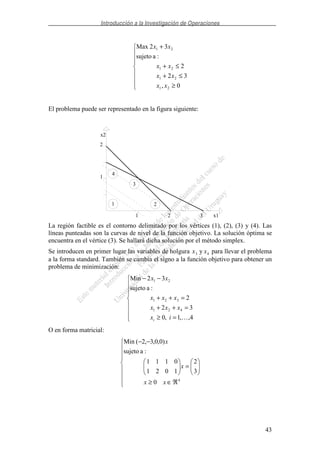 Introducción a la Investigación de Operaciones
43
≥
≤+
≤+
+
0,
32
2
:asujeto
32Max
21
21
21
21
xx
xx
xx
xx
El problema puede ser representado en la figura siguiente:
1
2 31
2
x1
x2
1 2
3
4
La región factible es el contorno delimitado por los vértices (1), (2), (3) y (4). Las
líneas punteadas son la curvas de nivel de la función objetivo. La solución óptima se
encuentra en el vértice (3). Se hallará dicha solución por el método simplex.
Se introducen en primer lugar las variables de holgura x x3 4y para llevar el problema
a la forma standard. También se cambia el signo a la función objetivo para obtener un
problema de minimización:
=≥
=++
=++
−−
4,,1,0
32
2
:asujeto
32Min
421
321
21
ix
xxx
xxx
xx
i
O en forma matricial:
ℜ∈≥
=
−−
4
0
3
2
1021
0111
:asujeto
)0,0,3,2(Min
xx
x
x
 