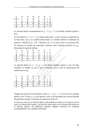 Introducción a la Investigación de Operaciones
50
x1 x2 x3 x4 y1 y2 b
1 1 -1 0 1 0 2
1 2 0 -1 0 1 3
3 2 0 0 0 0 0
-2 -3 1 1 0 0 -5
↑ • •
La solución básica correspondiente es y1 = 2, y2 = 3, y las demás variables iguales a
cero.
En esta solución c1 0< y c2 0< se puede elegir tanto x1 como x2 para ser ingresada en
la nueva base, sea x1 la variable seleccionada. La variable saliente se determina de
acuerdo a { }0Min 11 >iii aab { } 213,12Min == , lo cual ocurre en la primera fila.
Se canoniza el sistema de ecuaciones tomando como elemento canónico el a11,
obteniendo el siguiente tableau:
x1 x2 x3 x4 y1 y2 b
1 1 -1 0 1 0 2
0 1 1 -1 -1 1 1
0 -1 3 0 -3 0 -6
0 -1 -1 1 2 0 -1
• ↑ •
La solución básica es x1 = 2, y2 = 1, las demás variables iguales a cero. Se elige
introducir la variable x2, por lo que el elemento “pivot” para la canonización del
sistema sera el a22.
x1 x2 x3 x4 y1 y2 b
1 0 -2 1 2 -1 1
0 1 1 -1 -1 1 1
0 0 4 -1 -4 1 -5
0 0 0 0 1 1 0
• •
Llegado este punto de la resolución se tiene x1 = 1, x2 = 1, y el resto de las variables
iguales a cero. Como y1 e y2 son iguales a cero, se ha alcanzado una solución factible
del problema original y comienza la solución de la fase II.
La línea de costos de la función objetivo del problema auxiliar ya no interesa, por lo
cual se la elimina del sistema, y la línea de costos pasa a ser la tercera fila (costos de
la función objetivo del problema original), tampoco interesan las columnas
correspondientes a las variables artificiales:
 