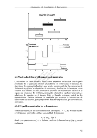Introducción a la Investigación de Operaciones
92
6.2 Modelado de los problemas de ordenamientos
Clásicamente las tareas sujetas a restricciones temporales se modelan con un grafo
ponderado. Si se considera entonces el problema sin restricciones de recursos, los
algoritmos de caminos, aplicados a este grafo, permiten calcular las secuencias de
fechas más tempranas y más tardías, de comienzo y finalización de las tareas, como
veremos más adelante. Se trata entonces de encontrar un ordenamiento optimal en el
espacio de soluciones del problema, restringido solamente a ligaduras temporales, o
relaciones de sucesión en el tiempo. Este es llamado problema central de los
ordenamientos. Existen variantes de modelado que permiten la introducción de
restricciones de recursos, por ejemplo redes de Petri temporizadas, grafos bivaluados,
entre otros.
6.2.1 El problema central de los ordenamientos.
Se trata de ordenar, en una duración minimal, un conjunto I = {1,...n} de tareas sujetas
a restricciones temporales del tipo desigualdad de potencial:
tj - ti ≥ aij, i,j ∈ I
donde ti (respectivamente tj) es la fecha de comienzo de la tarea i (resp. j) y aij un real
cualquiera.
 