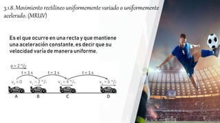 3.1.8. Movimiento rectilíneo uniformemente variado o uniformemente
acelerado. (MRUV)
Es el que ocurre en una recta y que mantiene
una aceleración constante, es decir que su
velocidad varía de manera uniforme.
 