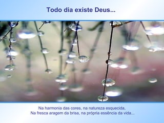 Todo dia existe Deus...   Na harmonia das cores, na natureza esquecida,  Na fresca aragem da brisa, na própria essência da vida... 