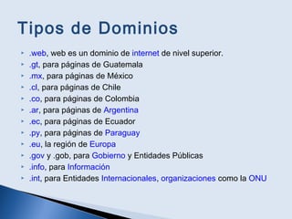 Tipos de Dominios
 .web, web es un dominio de internet de nivel superior.
 .gt, para páginas de Guatemala
 .mx, para páginas de México
 .cl, para páginas de Chile
 .co, para páginas de Colombia
 .ar, para páginas de Argentina
 .ec, para páginas de Ecuador
 .py, para páginas de Paraguay
 .eu, la región de Europa
 .gov y .gob, para Gobierno y Entidades Públicas
 .info, para Información
 .int, para Entidades Internacionales, organizaciones como la ONU
 