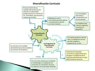 Mediante el cual la
comunidad educativa adecua
y contextualiza el diseño
curricular nacional
Las necesidades,
demandas y
características de
los estudiantes
La realidad social,
cultural, lingüística,
económica y
geográfica
La diversificación
Curricular
Los Programas de
Diversificación
Curricular
Conjunto de propuestas
curriculares y organizativas que
persiguen la adaptación de la
respuesta educativa para un tipo
determinado de alumnos
Se articulan como medida
extraordinaria que lleva implícita
las acciones de enseñanza
Proceso
Enmarca dentro de las
medidas extraordinarias de
atención a la diversidad
pueden ponerse en marcha en
esc. Secundaria para alumnos
mayores de 16 años
es a
es
Diversificación Curricular
En carácter general es de dos
años, no obstante la norma
permite establecer
programas de un año.
Ser una acción positiva que mediante
la metodología y la adaptación de
contenidos los estudiantes alcancen
los objetivos de aprendizaje señalados
Finalidad
 