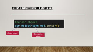 CREATE CURSOR OBJECT
Cursor object
Connection
object
 
