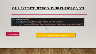 CALL EXECUTE METHOD USING CURSOR OBJECT
Cursor object
SQL Query for create a new table
 
