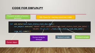 CODE FOR DBFUN.PY
Cursor object
SQL Query for inserting record into a table
Frontend variable
Backend variable
Format string for
datatype
Frontend variable as function
parameter
 