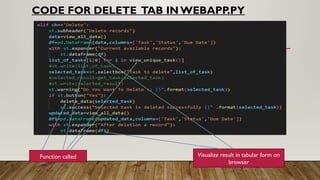 CODE FOR DELETE TAB IN WEBAPP.PY
Function called Visualize result in tabular form on
browser
 