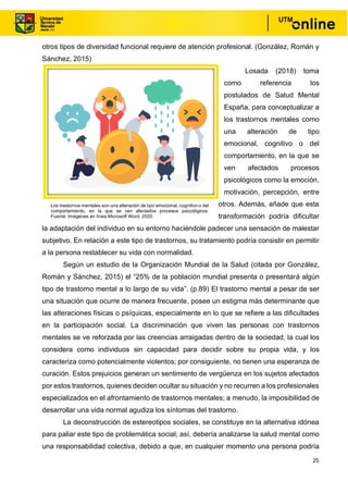 25
otros tipos de diversidad funcional requiere de atención profesional. (González, Román y
Sánchez, 2015)
Losada (2018) toma
como referencia los
postulados de Salud Mental
España, para conceptualizar a
los trastornos mentales como
una alteración de tipo
emocional, cognitivo o del
comportamiento, en la que se
ven afectados procesos
psicológicos como la emoción,
motivación, percepción, entre
otros. Además, añade que esta
transformación podría dificultar
la adaptación del individuo en su entorno haciéndole padecer una sensación de malestar
subjetivo. En relación a este tipo de trastornos, su tratamiento podría consistir en permitir
a la persona restablecer su vida con normalidad.
Según un estudio de la Organización Mundial de la Salud (citada por González,
Román y Sánchez, 2015) el “25% de la población mundial presenta o presentará algún
tipo de trastorno mental a lo largo de su vida”. (p.89) El trastorno mental a pesar de ser
una situación que ocurre de manera frecuente, posee un estigma más determinante que
las alteraciones físicas o psíquicas, especialmente en lo que se refiere a las dificultades
en la participación social. La discriminación que viven las personas con trastornos
mentales se ve reforzada por las creencias arraigadas dentro de la sociedad, la cual los
considera como individuos sin capacidad para decidir sobre su propia vida, y los
caracteriza como potencialmente violentos; por consiguiente, no tienen una esperanza de
curación. Estos prejuicios generan un sentimiento de vergüenza en los sujetos afectados
por estos trastornos, quienes deciden ocultar su situación y no recurren a los profesionales
especializados en el afrontamiento de trastornos mentales; a menudo, la imposibilidad de
desarrollar una vida normal agudiza los síntomas del trastorno.
La deconstrucción de estereotipos sociales, se constituye en la alternativa idónea
para paliar este tipo de problemática social; así, debería analizarse la salud mental como
una responsabilidad colectiva, debido a que, en cualquier momento una persona podría
Los trastornos mentales son una alteración de tipo emocional, cognitivo o del
comportamiento, en la que se ven afectados procesos psicológicos.
Fuente: Imágenes en línea Microsoft Word, 2020.
 