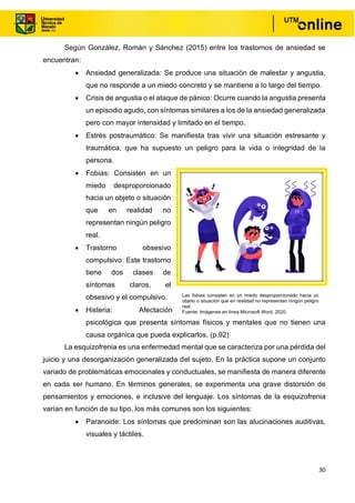 30
Según González, Román y Sánchez (2015) entre los trastornos de ansiedad se
encuentran:
• Ansiedad generalizada: Se produce una situación de malestar y angustia,
que no responde a un miedo concreto y se mantiene a lo largo del tiempo.
• Crisis de angustia o el ataque de pánico: Ocurre cuando la angustia presenta
un episodio agudo, con síntomas similares a los de la ansiedad generalizada
pero con mayor intensidad y limitado en el tiempo.
• Estrés postraumático: Se manifiesta tras vivir una situación estresante y
traumática, que ha supuesto un peligro para la vida o integridad de la
persona.
• Fobias: Consisten en un
miedo desproporcionado
hacia un objeto o situación
que en realidad no
representan ningún peligro
real.
• Trastorno obsesivo
compulsivo: Este trastorno
tiene dos clases de
síntomas claros, el
obsesivo y el compulsivo.
• Histeria: Afectación
psicológica que presenta síntomas físicos y mentales que no tienen una
causa orgánica que pueda explicarlos. (p.92)
La esquizofrenia es una enfermedad mental que se caracteriza por una pérdida del
juicio y una desorganización generalizada del sujeto. En la práctica supone un conjunto
variado de problemáticas emocionales y conductuales, se manifiesta de manera diferente
en cada ser humano. En términos generales, se experimenta una grave distorsión de
pensamientos y emociones, e inclusive del lenguaje. Los síntomas de la esquizofrenia
varían en función de su tipo, los más comunes son los siguientes:
• Paranoide: Los síntomas que predominan son las alucinaciones auditivas,
visuales y táctiles.
Las fobias consisten en un miedo desproporcionado hacia un
objeto o situación que en realidad no representan ningún peligro
real.
Fuente: Imágenes en línea Microsoft Word, 2020.
 