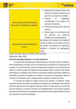 32
NECESIDADES DE INTEGRACIÓN
EDUCATIVA E INSERCIÓN LABORAL
• Determinar los factores claves del
proceso de inserción laboral de las
personas con trastornos mentales.
• Entrenar en habilidades
sociolaborales a los sujetos con
este tipo de trastornos.
• Promover prácticas para el alcance
de éxito.
• Ofrecer apoyo a la contratación de
las personas con trastornos
mentales en el mercado laboral.
NECESIDADES DE INTEGRACIÓN
SOCIAL
Se enfocan en la persona con trastorno
mental, su familia, la comunidad con el fin
de abordar las barreras de aislamiento
relacional y ausencia de participación
social.
Fuente: González, Román y Sánchez, 2015, pp.94-96.
Elaboración: Vélez, 2020.
Personas drogodependientes o con otras adicciones
La Organización Mundial para la Salud (citada por González, Román y Sánchez,
2015) conceptualiza a la droga como “una sustancia que introducida en el organismo, por
cualquier vía de administración, produce una alteración del sistema nervioso central de la
persona y, además, puede crear dependencia psicológica, física o ambas” (p.105). Desde
este enfoque, se establece como sinónimo la expresión sustancia psicoactiva, debido a la
capacidad que tienen las drogas para modificar las funciones del organismo estas se
vinculan con la conducta, juicio, comportamiento, percepción o estado de ánimo.
El consumo de drogas no implica incurrir en la adicción; no obstante, ciertas
sustancias pueden convertirse con facilidad en problemas, por el elevado índice de daño
y adicción que generan en el organismo del ser humano. En otros términos, el hecho de
consumir drogas no convierte al individuo en drogodependiente, pero tampoco significa
que hacerlo sea inofensivo. Para esclarecer estas ideas resulta necesario diferenciar entre
uso y abuso en el consumo de drogas.
 
