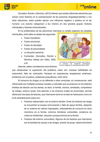 34
González, Román y Sánchez, (2015) refieren que existen diferentes elementos que
actúan como factores en la caracterización de las personas drogodependientes o con
otras adicciones, estos pueden ejercer una influencia negativa o positiva en el ser
humano. Los autores categorizan a los mismos en dos grandes grupos: factores
individuales y factores socioculturales.
En la problemática de las adicciones interviene un amplio espectro de variables
individuales, entre ellas se destan las siguientes:
• Factor hereditario.
• Factor emocional.
• Factor de identidad.
• Factor de personalidad.
• La situación personal.
• Curiosidad. (González, Román y
Sánchez citados por Vélez, 2020,
p.6)
Además, deben considerarse otros factores
que obstaculizan la superación del problema, estos son: escasas habilidades de
autocontrol, falta de motivación, fracasos en experiencias terapéuticas anteriores,
problemas con la justicia, problemas psiquiátricos, entre otros.
El consumo de drogas no es diferente a otras conductas, en consecuencia, está
influenciado por múltiples procesos sociales y culturales que se producen en los distintos
ámbitos de relación con los demás, es decir, la familia, vecinos, amistades, compañeros
de trabajo, entorno social. Una atención a los diversos niveles de proximidad, permite
diferenciar tres tipos de factores, que intervienen tanto en la fase de habituación como en
la de deshabituación,estos son:
• Factores relacionados con el entorno familiar: Entre los factores de riesgo
se encuentran la escasa comunicación y falta de apoyo familiar, adopción
de un sistema de valores inapropiado, antecedentes de consumo en otros
miembros de la familia, entornos familiares vulnerables, existencia de
violencia intrafamiliar, situación socioeconómica de la familia.
• Factores del entorno comunitario: Algunos de los factores que intervienen
son la facilidad de acceso a las drogas, presión de grupo, desenvolvimiento
La familia se constituye en un factor que incide en
el consumo de sustancias psicoactivas.
Fuente: Imágenes en línea Microsoft Word, 2020.
 