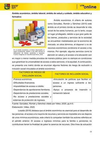 18
Ámbito económico, ámbito laboral, ámbito de salud y cuidado, ámbito educativo y
formativo
Ámbito económico: A criterio de autores
como González, Román y Sánchez (2015) este
ámbito es el primero donde se desarrolla la vida
social de los seres humanos, por lo tanto, ocupa
un lugar privilegiado, debido a que gran parte de
los bienes, productos y servicios de la sociedad
se encuentran mediatizados por la economía de
mercado, en otros términos, el disponer o no de
recursos económicos condiciona el acceso a los
mismos. Por ejemplo: algunos servicios como la
atención en salud y el acceso a la educación son
en mayor o menor medida provistos de manera pública; pero no siempre en condiciones
que garanticen la universalidad de acceso a estos servicios, ni la equidad. A continuación,
se presenta una matriz donde se enuncian algunos factores de riesgo de exclusión e
inclusión social vinculados al ámbito económico.
FACTORES DE RIESGO DE
EXCLUSIÓN SOCIAL
FACTORES DE INCLUSIÓN SOCIAL
-Pobreza económica.
-Dificultades financieras.
-Imposibilidad de acceso a crédito.
-Dependencia de aportaciones familiares.
-Dependencia de prestaciones sociales.
-No acceso a prestaciones sociales y
sistemas de protección de ingresos.
-Articulación de políticas que faciliten el
acceso a un ingreso suficiente a las
personas.
-Apoyo a procesos de inserción o
reinserción laboral.
Fuente: González, Román y Sánchez citado por Vélez, 2020, pp.4-5.
Elaboración: Vélez, 2020.
Losada (2018) destaca que el ámbito económico es esencial para el desarrollo de
las personas, el acceso a la mayoría de recursos y servicios es imposible sino se dispone
de unos mínimos económicos, este criterio lo comparten también los autores referidos en
el párrafo anterior. El acceso a ingresos mínimos para la familia o pensiones no
contributivas tienen la finalidad de paliar la carencia de recursos. Otra línea de actuación
En el ámbito económico, el dinero desempeña un
papel fundamental, debido a que éste permite la
adquisición de bienes, productos o servicios.
Fuente: Imágenes en línea Microsoft Word, 2020.
 