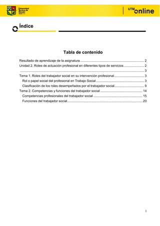 1
Índice
Tabla de contenido
Resultado de aprendizaje de la asignatura ......................................................................... 2
Unidad 2. Roles de actuación profesional en diferentes tipos de servicios ....................... 2
.............................................................................................................................................. 3
Tema 1. Roles del trabajador social en su intervención profesional .................................. 3
Rol o papel social del profesional en Trabajo Social ....................................................... 3
Clasificación de los roles desempeñados por el trabajador social.................................. 9
Tema 2. Competencias y funciones del trabajador social ................................................ 14
Competencias profesionales del trabajador social ........................................................ 15
Funciones del trabajador social...................................................................................... 20
 
