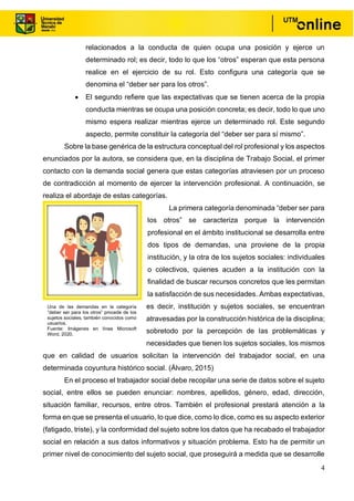 4
relacionados a la conducta de quien ocupa una posición y ejerce un
determinado rol; es decir, todo lo que los “otros” esperan que esta persona
realice en el ejercicio de su rol. Esto configura una categoría que se
denomina el “deber ser para los otros”.
• El segundo refiere que las expectativas que se tienen acerca de la propia
conducta mientras se ocupa una posición concreta; es decir, todo lo que uno
mismo espera realizar mientras ejerce un determinado rol. Este segundo
aspecto, permite constituir la categoría del “deber ser para sí mismo”.
Sobre la base genérica de la estructura conceptual del rol profesional y los aspectos
enunciados por la autora, se considera que, en la disciplina de Trabajo Social, el primer
contacto con la demanda social genera que estas categorías atraviesen por un proceso
de contradicción al momento de ejercer la intervención profesional. A continuación, se
realiza el abordaje de estas categorías.
La primera categoría denominada “deber ser para
los otros” se caracteriza porque la intervención
profesional en el ámbito institucional se desarrolla entre
dos tipos de demandas, una proviene de la propia
institución, y la otra de los sujetos sociales: individuales
o colectivos, quienes acuden a la institución con la
finalidad de buscar recursos concretos que les permitan
la satisfacción de sus necesidades. Ambas expectativas,
es decir, institución y sujetos sociales, se encuentran
atravesadas por la construcción histórica de la disciplina;
sobretodo por la percepción de las problemáticas y
necesidades que tienen los sujetos sociales, los mismos
que en calidad de usuarios solicitan la intervención del trabajador social, en una
determinada coyuntura histórico social. (Álvaro, 2015)
En el proceso el trabajador social debe recopilar una serie de datos sobre el sujeto
social, entre ellos se pueden enunciar: nombres, apellidos, género, edad, dirección,
situación familiar, recursos, entre otros. También el profesional prestará atención a la
forma en que se presenta el usuario, lo que dice, como lo dice, como es su aspecto exterior
(fatigado, triste), y la conformidad del sujeto sobre los datos que ha recabado el trabajador
social en relación a sus datos informativos y situación problema. Esto ha de permitir un
primer nivel de conocimiento del sujeto social, que proseguirá a medida que se desarrolle
Una de las demandas en la categoría
“deber ser para los otros” procede de los
sujetos sociales, también conocidos como
usuarios.
Fuente: Imágenes en línea Microsoft
Word, 2020.
 