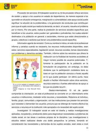 10
Proveedor de servicios: El trabajador social en su rol de proveedor ofrece servicios
de sostén y apoyo a los usuarios en estado de dependencia, de manera especial a los
que están en situación emergencia, marginación o vulnerabilidad, este apoyo social puede
significar: la solución de la problemática, o la generación de conductas que contribuyan
para que el sujeto social que realiza la demanda, es decir, el usuario, resuelva el problema
por sí mismo. Por otra parte, realiza la prestación de servicios sociales específicos que
beneficien a los usuarios, estos pueden ser: generales o polivalentes, los cuales estarán
destinados a la población en general; o sectoriales, mismos que están direccionados a
grupos, colectivos o sectores que tienen una problemática social específica.
Informador-agente de remisión: Como su nombre lo indica, en este rol el profesional
informa y canaliza cuando es necesario, los recursos institucionales disponibles, sean
estos: servicios especializados, legislación social, recursos sociales, temas relacionados
con problemas y derechos sociales. También, informa sobre los servicios que ofrece la
institución con la finalidad de hacerlos accesibles al
mayor número posible de usuarios potenciales. Y,
fomenta la participación de la población en la
formulación de programas; sin embargo, no debe
olvidarse que la participación ciudadana tiene su
base en que la población conozca a fondo aquello
en lo que puede participar. Un último punto, hace
alusión a facilitar información sobre otros servicios,
recursos externos o fuentes alternativas de apoyo a
los que es posible recurrir.
Gestor-intermediario: El rol de gestor
comprende la orientación, en este el profesional se convierte en un intermediario entre
usuarios e instituciones; mediador entre recursos y necesidades. Relaciona al individuo,
familia, grupo, comunidad u organización, con las instituciones que prestan los servicios
que necesitan o demandan los usuarios; procura que se obtenga de manera efectiva los
servicios o recursos en la institución más apropiada a la necesidad del sujeto social.
Investigador: El trabajador social en este rol diseña y realiza investigaciones
aplicadas, recopilando y analizando datos para diagnosticar necesidades o problemas de
índole social, en las áreas o sectores propios de la disciplina. Las investigaciones o
estudios deben realizarse desde una doble perspectiva: la primera, tomando en
consideración las necesidades y demandas de los sujetos sociales, sean estas a nivel
En su rol de mediador el trabajador social se
convierte en un intermediario entre institución y
usuario.
Fuente: Imágenes en línea Microsoft Word,
2020.
 