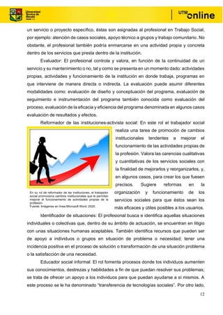 12
un servicio o proyecto específico, éstas son asignadas al profesional en Trabajo Social,
por ejemplo: atención de casos sociales, apoyo técnico a grupos y trabajo comunitario. No
obstante, el profesional también podría enmarcarse en una actividad propia y concreta
dentro de los servicios que presta dentro de la institución.
Evaluador: El profesional controla y valora, en función de la continuidad de un
servicio y su mantenimiento o no, tal y como se presenta en un momento dado: actividades
propias, actividades y funcionamiento de la institución en donde trabaja, programas en
que interviene de manera directa o indirecta. La evaluación puede asumir diferentes
modalidades como: evaluación de diseño y conceptuación del programa, evaluación de
seguimiento e instrumentación del programa también conocida como evaluación del
proceso, evaluación de la eficacia y eficiencia del programa denominada en algunos casos
evaluación de resultados y efectos.
Reformador de las instituciones-activista social: En este rol el trabajador social
realiza una tarea de promoción de cambios
institucionales tendentes a mejorar el
funcionamiento de las actividades propias de
la profesión. Valora las carencias cualitativas
y cuantitativas de los servicios sociales con
la finalidad de mejorarlos y reorganizarlos, y,
en algunos casos, para crear los que fuesen
precisos. Sugiere reformas en la
organización y funcionamiento de los
servicios sociales para que éstos sean los
más eficaces y útiles posibles a los usuarios.
Identificador de situaciones: El profesional busca e identifica aquellas situaciones
individuales o colectivas que, dentro de su ámbito de actuación, se encuentran en litigio
con unas situaciones humanas aceptables. También identifica recursos que pueden ser
de apoyo a individuos o grupos en situación de problema o necesidad; tener una
incidencia positiva en el proceso de solución o transformación de una situación problema
o la satisfacción de una necesidad.
Educador social informal: El rol fomenta procesos donde los individuos aumenten
sus conocimientos, destrezas y habilidades a fin de que puedan resolver sus problemas;
se trata de ofrecer un apoyo a los individuos para que puedan ayudarse a sí mismos. A
este proceso se le ha denominado “transferencia de tecnologías sociales”. Por otro lado,
En su rol de reformador de las instituciones, el trabajador
social promociona cambios institucionales que le permitan
mejorar el funcionamiento de actividades propias de la
profesión.
Fuente: Imágenes en línea Microsoft Word, 2020.
 