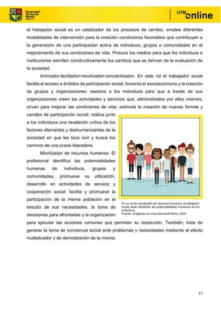 13
el trabajador social es un catalizador de los procesos de cambio, emplea diferentes
modalidades de intervención para la creación condiciones favorables que contribuyan a
la generación de una participación activa de individuos, grupos o comunidades en el
mejoramiento de sus condiciones de vida. Procura los medios para que los individuos e
instituciones asimilen constructivamente los cambios que se derivan de la evaluación de
la sociedad.
Animador-facilitador-movilizador-concientizador: En este rol el trabajador social
facilita el acceso a ámbitos de participación social; fomenta el asociacionismo y la creación
de grupos y organizaciones; asesora a los individuos para que a través de sus
organizaciones creen las actividades y servicios que, administrados por ellos mismos,
sirvan para mejorar las condiciones de vida; estimula la creación de nuevas formas y
canales de participación social; realiza junto
a los individuos una revelación crítica de los
factores alienantes y deshumanizantes de la
sociedad en que les toca vivir y busca los
caminos de una praxis liberadora.
Movilizador de recursos humanos: El
profesional identifica las potencialidades
humanas de individuos, grupos y
comunidades, promueve su utilización,
desarrollo en actividades de servicio y
cooperación social; facilita y promueve la
participación de la misma población en el
estudio de sus necesidades, la toma de
decisiones para afrontarlas y la organización
para ejecutar las acciones comunes que permitan su resolución. También, trata de
generar la toma de conciencia social ante problemas y necesidades mediante el efecto
multiplicador y de demostración de la misma.
En su rol de movilizador de recursos humanos, el trabajador
social debe identificar las potencialidades humanas de los
individuos.
Fuente: Imágenes en línea Microsoft Word, 2020.
 