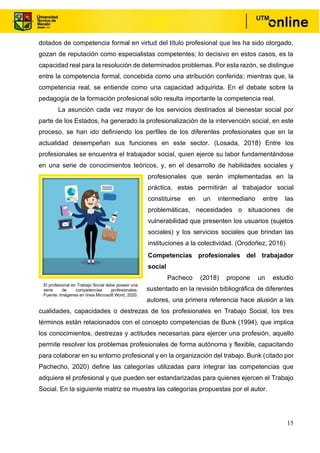 15
dotados de competencia formal en virtud del título profesional que les ha sido otorgado,
gozan de reputación como especialistas competentes; lo decisivo en estos casos, es la
capacidad real para la resolución de determinados problemas. Por esta razón, se distingue
entre la competencia formal, concebida como una atribución conferida; mientras que, la
competencia real, se entiende como una capacidad adquirida. En el debate sobre la
pedagogía de la formación profesional sólo resulta importante la competencia real.
La asunción cada vez mayor de los servicios destinados al bienestar social por
parte de los Estados, ha generado la profesionalización de la intervención social, en este
proceso, se han ido definiendo los perfiles de los diferentes profesionales que en la
actualidad desempeñan sus funciones en este sector. (Losada, 2018) Entre los
profesionales se encuentra el trabajador social, quien ejerce su labor fundamentándose
en una serie de conocimientos teóricos, y, en el desarrollo de habilidades sociales y
profesionales que serán implementadas en la
práctica, estas permitirán al trabajador social
constituirse en un intermediario entre las
problemáticas, necesidades o situaciones de
vulnerabilidad que presenten los usuarios (sujetos
sociales) y los servicios sociales que brindan las
instituciones a la colectividad. (Orodoñez, 2016)
Competencias profesionales del trabajador
social
Pacheco (2018) propone un estudio
sustentado en la revisión bibliográfica de diferentes
autores, una primera referencia hace alusión a las
cualidades, capacidades o destrezas de los profesionales en Trabajo Social, los tres
términos están relacionados con el concepto competencias de Bunk (1994), que implica
los conocimientos, destrezas y actitudes necesarias para ejercer una profesión, aquello
permite resolver los problemas profesionales de forma autónoma y flexible, capacitando
para colaborar en su entorno profesional y en la organización del trabajo. Bunk (citado por
Pachecho, 2020) define las categorías utilizadas para integrar las competencias que
adquiere el profesional y que pueden ser estandarizadas para quienes ejercen el Trabajo
Social. En la siguiente matriz se muestra las categorías propuestas por el autor.
El profesional en Trabajo Social debe poseer una
serie de competencias profesionales.
Fuente: Imágenes en línea Microsoft Word, 2020.
 