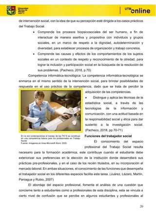 20
de intervención social, con la idea de que su percepción esté dirigida a los casos prácticos
del Trabajo Social.
• Comprende los procesos biopsicosociales del ser humano, a fin de
interactuar de manera asertiva y propositiva con individuos y grupos
sociales, en un marco de respeto a la dignidad, autodeterminación y
diversidad, para establecer procesos de organización y trabajo concretos.
• Comprende las causas y efectos de los comportamientos de los sujetos
sociales en un contexto de respeto y reconocimiento de la otredad, para
lograr la inclusión y participación social en la búsqueda de la resolución de
sus problemas. (Pacheco, 2018, p.70)
Competencia informática-tecnológica: La competencia informática-tecnológica se
enmarca en el mismo sentido de la intervención social, para brindar posibilidades de
respuesta en el uso práctico de la competencia, dado que se trata de percibir la
adquisición de las competencias.
• Distingue y aplica las técnicas de la
estadística social, a través de las
tecnologías de la información y
comunicación, con una actitud basada en
la responsabilidad social y ética para dar
sustento a la investigación social.
(Pacheco, 2018, pp.70-71)
Funciones del trabajador social
El conocimiento del espacio
profesional del Trabajo Social resulta
necesario para la formación académica, este contribuye cuando el estudiante debe
exteriorizar sus preferencias en la elección de la institución donde desarrollará sus
prácticas pre-profesionales, y en el caso de los recién titulados, en su incorporación al
mercado laboral. En ambas situaciones, el conocimiento de las funciones que desempeña
el trabajador social en los diferentes espacios facilita esta tarea. (Juárez, Lázaro, Martín,
Paniagua y Rubio, 2007)
El abordaje del espacio profesional, fomenta el análisis de una cuestión que
concierne tanto a estudiantes como a profesionales de esta disciplina, esta se vincula a
cierto nivel de confusión que se percibe en algunos estudiantes y profesionales al
En la era contemporánea el manejo de las TIC’S se constituye
en una competencia básica para los profesionales en Trabajo
Social.
Fuente: Imágenes en línea Microsoft Word, 2020.
 