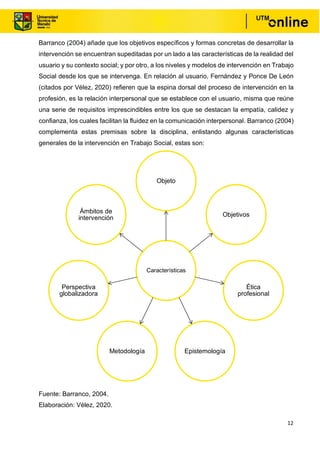 12
Barranco (2004) añade que los objetivos específicos y formas concretas de desarrollar la
intervención se encuentran supeditadas por un lado a las características de la realidad del
usuario y su contexto social; y por otro, a los niveles y modelos de intervención en Trabajo
Social desde los que se intervenga. En relación al usuario, Fernández y Ponce De León
(citados por Vélez, 2020) refieren que la espina dorsal del proceso de intervención en la
profesión, es la relación interpersonal que se establece con el usuario, misma que reúne
una serie de requisitos imprescindibles entre los que se destacan la empatía, calidez y
confianza, los cuales facilitan la fluidez en la comunicación interpersonal. Barranco (2004)
complementa estas premisas sobre la disciplina, enlistando algunas características
generales de la intervención en Trabajo Social, estas son:
Fuente: Barranco, 2004.
Elaboración: Vélez, 2020.
Características
Objeto
Objetivos
Ética
profesional
Epistemología
Metodología
Perspectiva
globalizadora
Ámbitos de
intervención
 