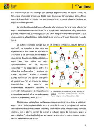 18
La consolidación de un catálogo con estudios especializados en acción social, ha
fomentado el ejercicio profesional desde estas disciplinas, caracterizadas por perfiles y
una práctica profesional distinta, que se complementa en el campo laboral a través de los
equipos multidisciplinarios.
La interdisciplinariedad hace referencia a la existencia de una clara relación de
equipo entre las diferentes disciplinas. En el equipo multidisciplinario se integran distintos
papeles profesionales, quienes ejecutan una labor integral de elevada riqueza en la que
el conocimiento y la práctica de cada disciplina, se unen en un trabajo de equipo. (Losada,
2018)
La autora enunciada agrega que en el ejercicio profesional, resulta común la
derivación de usuarios a otros recursos
especializados, los cuales se encuentran
adaptados a las carencias, necesidades y
situaciones de vulnerabilidad percibidas en
cada caso, esto facilita un mejor
aprovechamiento de los recursos
existentes y la cooperación entre los
diferentes profesionales y equipos de
trabajo. González, Román y Sánchez
(2015) manifiestan una opinión semejante
al exponer que “en un entorno de acción
interdisciplinar, la atención de
determinadas situaciones requerirá la
derivación de los usuarios a otras entidades
o servicios especializados en cada uno de
los ámbitos que lo requieran” (p.41).
El sistema de trabajo hace que la cooperación profesional no se limite al trabajo en
equipo dentro de la propia entidad o servicio, estableciéndose el trabajo en red, este se
concibe como la labor realizada en conjunto y coordinación entre profesionales y servicios
distintos, con el objetivo común de facilitar la inclusión social de individuos, grupos y
comunidades. En síntesis el trabajo en red es una característica fundamental en el entorno
laboral de la intervención social.
El trabajo en red se concibe como la labor realizada en
conjunto y coordinación entre profesionales y servicios
distintos.
Fuente: Imágenes en línea Microsoft Word, 2020.
 