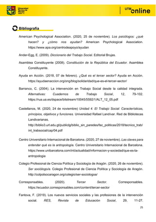 25
Bibliografía
American Psychological Association. (2020, 25 de noviembre). Los psicólogos: ¿qué
hacen? y ¿cómo nos ayudan? American Psychological Association.
https://www.apa.org/centrodeapoyo/ayudan
Ander-Egg, E. (2009). Diccionario del Trabajo Social. Editorial Brujas.
Asamblea Constituyente (2008). Constitución de la República del Ecuador. Asamblea
Constituyente.
Ayuda en Acción. (2018, 07 de febrero). ¿Qué es el tercer sector? Ayuda en Acción.
https://ayudaenaccion.org/ong/blog/solidaridad/que-es-el-tercer-sector/
Barranco, C. (2004). La intervención en Trabajo Social desde la calidad integrada.
Alternativas: Cuadernos de Trabajo Social, 12, 79-102.
https://rua.ua.es/dspace/bitstream/10045/5592/1/ALT_12_05.pdf
Castellanos, M. (2020, 24 de noviembre) Unidad 4. El Trabajo Social: Características,
principios, objetivos y funciones. Universidad Rafael Landívar. Red de Bibliotecas
Landivarianas.
http://biblio3.url.edu.gt/publiclg/biblio_sin_paredes/fac_politicas/2018/tecnico_trab/
int_trabsocial/cap/04.pdf
Centro Universitario Internacional de Barcelona. (2020, 27 de noviembre). Las claves para
entender qué es la antropología. Centro Universitario Internacional de Barcelona.
https://www.unibarcelona.com/int/actualidad/informacion-y-sociedad/que-es-la-
antropologia
Colegio Profesional de Ciencia Política y Sociología de Aragón. (2020, 26 de noviembre).
Ser sociólogo/a. Colegio Profesional de Ciencia Política y Sociología de Aragón.
http://colpolsocaragon.org/colegio/ser-sociologoa/
Corresponsables. (2020). Tercer Sector. Corresponsables.
https://ecuador.corresponsables.com/content/tercer-sector
Fantova, F. (2019). Los nuevos servicios sociales y las profesiones de la intervención
social. RES, Revista de Educación Social, 29, 11-27.
 