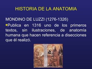 HISTORIA DE LA ANATOMIA
MONDINO DE LUZZI (1276-1326)
Publica en 1316 uno de los primeros
textos, sin ilustraciones, de anatomía
humana que hacen referencia a disecciones
que él realizó.
 