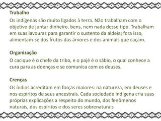 Trabalho
Os indígenas são muito ligados à terra. Não trabalham com o
objetivo de juntar dinheiro, bens, nem nada desse tipo. Trabalham
em suas lavouras para garantir o sustento da aldeia; fora isso,
alimentam-se dos frutos das árvores e dos animais que caçam.
Organização
O cacique é o chefe da tribo, e o pajé é o sábio, o qual conhece a
cura para as doenças e se comunica com os deuses.
Crenças
Os índios acreditam em forças maiores: na natureza, em deuses e
nos espíritos de seus ancestrais. Cada sociedade indígena cria suas
próprias explicações a respeito do mundo, dos fenômenos
naturais, dos espíritos e dos seres sobrenaturais
 