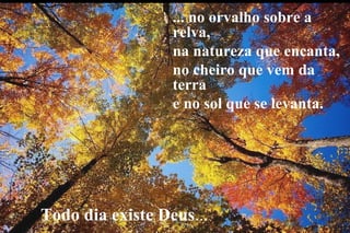 ... no orvalho sobre a
                  relva,
                  na natureza que encanta,
                  no cheiro que vem da
                  terra
                  e no sol que se levanta.




Todo dia existe Deus...
 