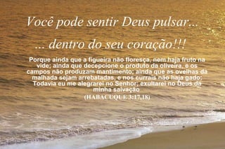 Você pode sentir Deus pulsar...
... dentro do seu coração!!!
Porque ainda que a figueira não floresça, nem haja fruto na
vide; ainda que decepcione o produto da oliveira, e os
campos não produzam mantimento; ainda que as ovelhas da
malhada sejam arrebatadas, e nos currais não haja gado;
Todavia eu me alegrarei no Senhor; exultarei no Deus da
minha salvação
(HABACUQUE 3:17,18)
 