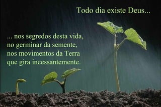 Todo dia existe Deus...
... nos segredos desta vida,
no germinar da semente,
nos movimentos da Terra
que gira incessantemente.
 