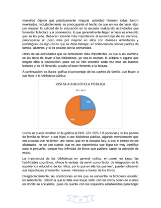 27
maestros dijeron que prácticamente ninguna actividad hicieron todas fueron
inventadas, indudablemente es preocupante el hecho de que en vez de hacer algo
por mejorar la calidad de la educación en la escuela realizando actividades que
fomenten la lectura y la convivencia; lo que generalmente llegan a hacer es el escrito
que se les pide. Deberían tomarle más importancia al aprendizaje de los alumnos,
preocuparse un poco más por mejorar en ellos con diversas actividades y
estrategias; es algo con lo que se debe trabajar, en colaboración con los padres de
familia, alumnos y si es posible con la comunidad.
Otras de las actividades que se consideran más importantes es que a los alumnos
se les debe de llevar a las bibliotecas, ya sea la escolar, la pública o alguna que
tengan ellos a disposición, pues así se irán creando cada vez más los buenos
lectores y se irá llevando a cabo el buen fomento a la lectura.
A continuación se ilustra gráfica el porcentaje de los padres de familia que llevan a
sus hijos a la biblioteca pública:
Como se puede mostrar en la gráfica el 24% (23. 52% = 8 personas) de los padres
de familia no llevan a sus hijos a una biblioteca pública, algunos mencionaron que
era a causa que no tenían uno cerca, que en la escuela hay, o que el tiempo no les
alcanzaba, no se dan cuenta que es una experiencia que logra ser muy benéfica
para el pequeño, porque hay infinidad de libros que pudiera captar la atención de
estos.
La importancia de las bibliotecas en general radica, en poner en juego las
habilidades cognitivas, ofrece la ventaja de servir como factor de integración en la
experiencia educativa de los niños, por lo que en ella los que leen, pueden observar
sus inquietudes y fomentar nuevos intereses a través de los libros.
Desgraciadamente, las condiciones en las que se encuentra la biblioteca escolar,
es lamentable, debido a que le falta ese toque tanto con los libros como en el área
en donde se encuentra, pues no cuenta con los requisitos establecidos para fungir
24%
76%
VISITA A BIBLIOTECA PÚBLICA
Si No
 